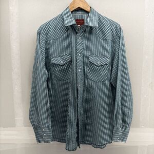 Vintage Rustler Shirt Mens L Green White Striped Western Pearl Snap X-Long Tails